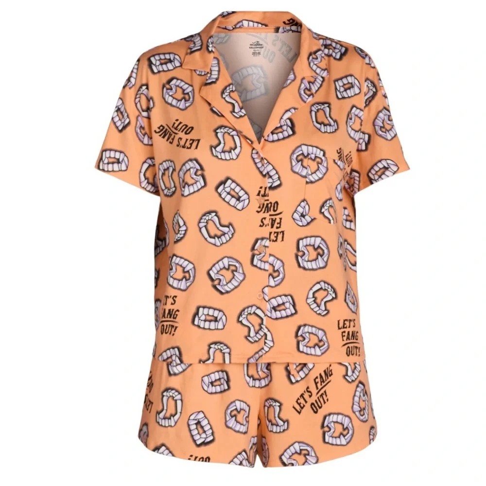 Halloween Viral LET'S FANG OUT Shorty Pajama Set L 12-14 New - Picture 2 of 3
